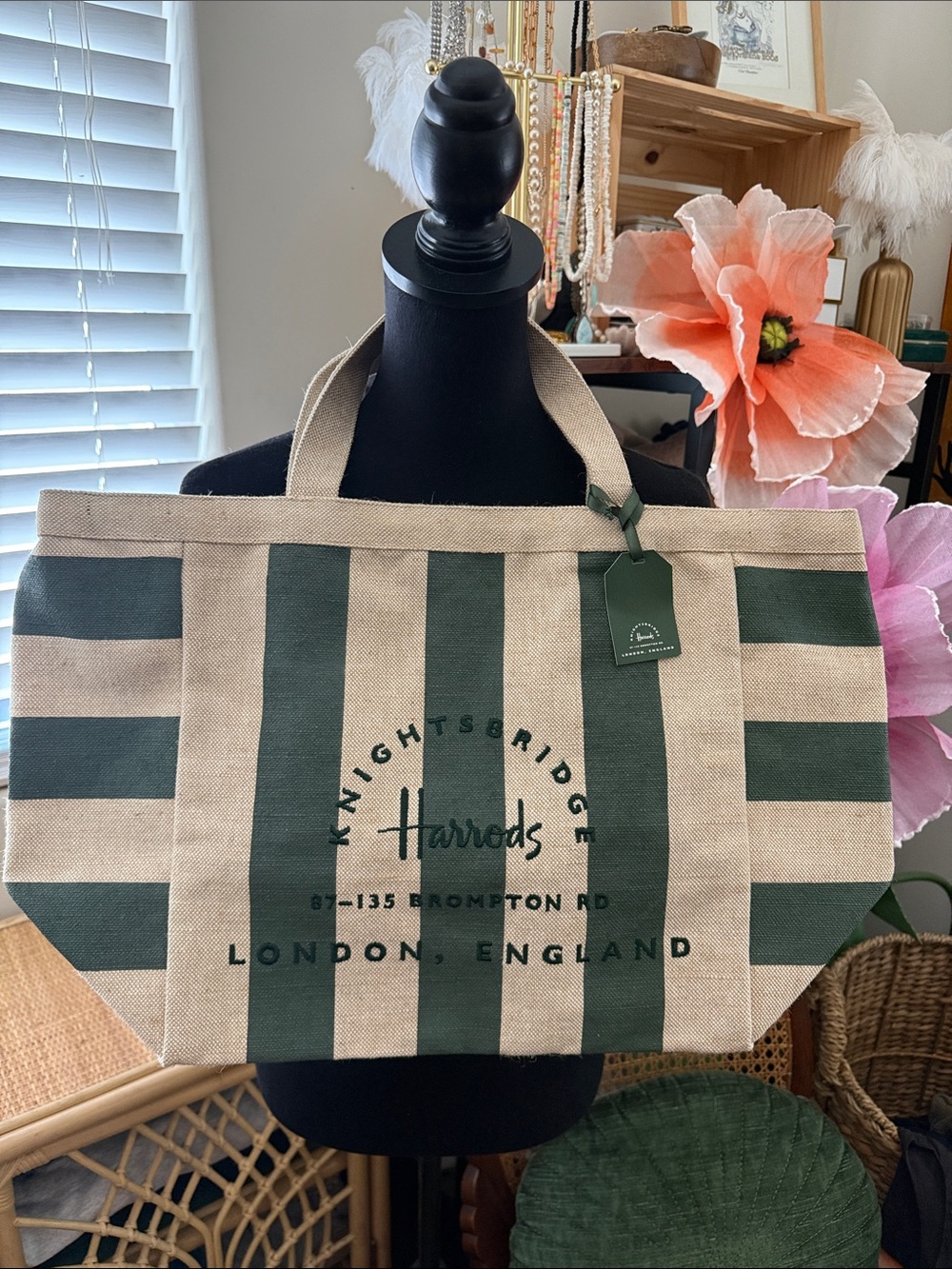 NWT Harrods London Large Green Stripe Jute Farmer’s Market Tote Bag